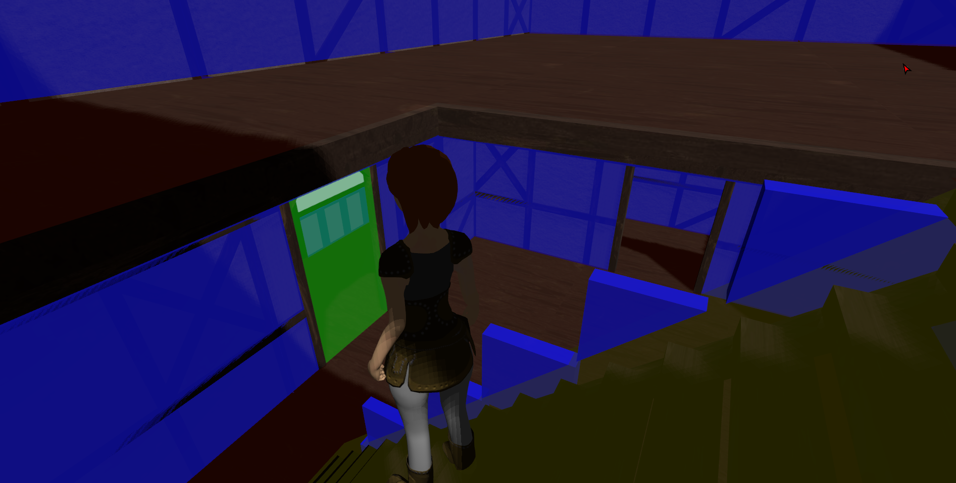 Image of the sample house with a staircase in it, showing the collision boxes for the side of the staircase and the various floor planes