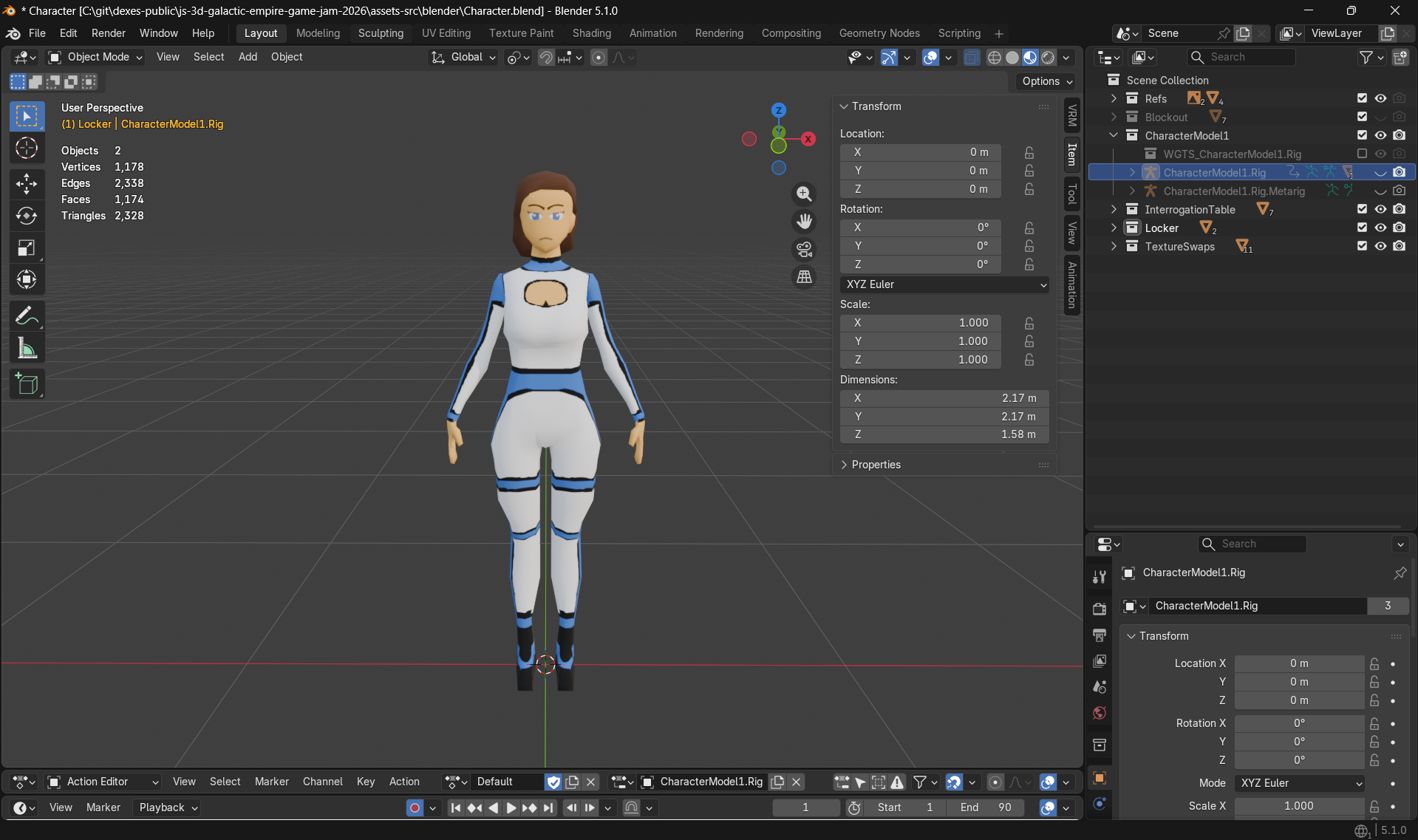 Screenshot of the Blender UI showing the modeled character
