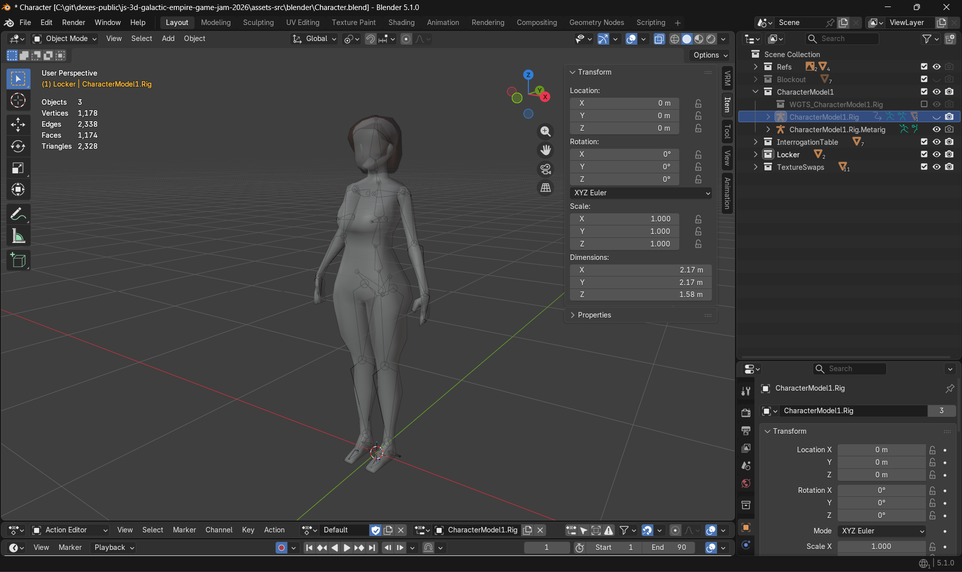 Screenshot of the Blender UI showing the rigged character