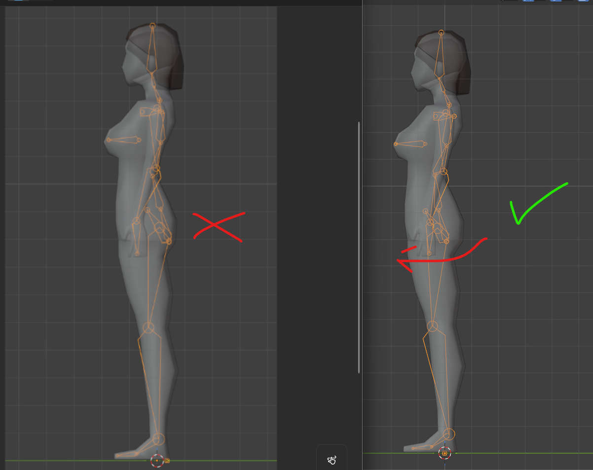 Zoom on a specific part of the rigged character, showing the ideal position on the left and the position I used on the right