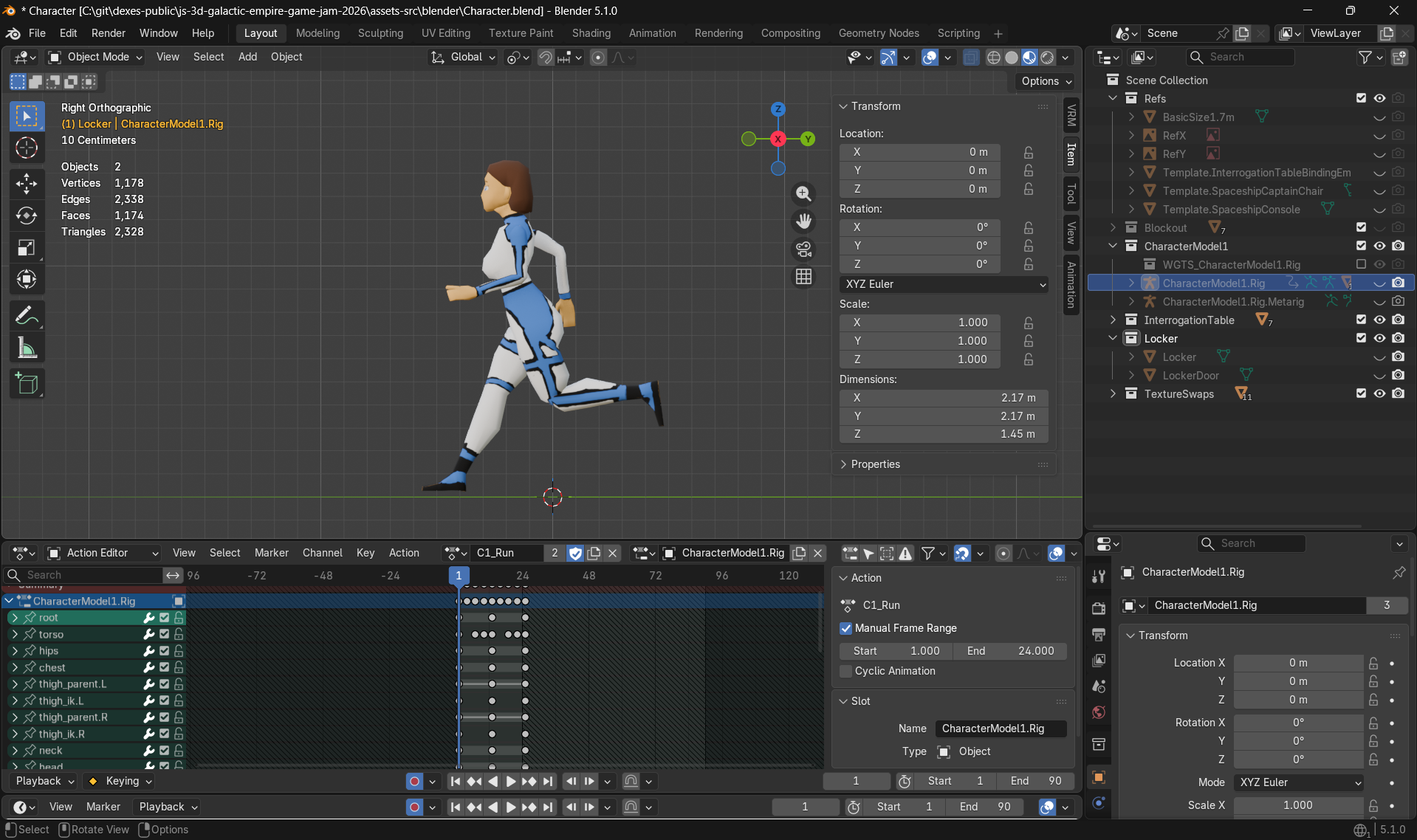 Screenshot of the Blender animation UI showing the running animation