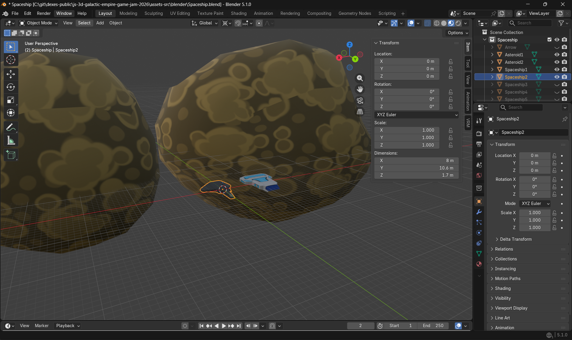 Screenshot of the Blender UI showing the spaceship models