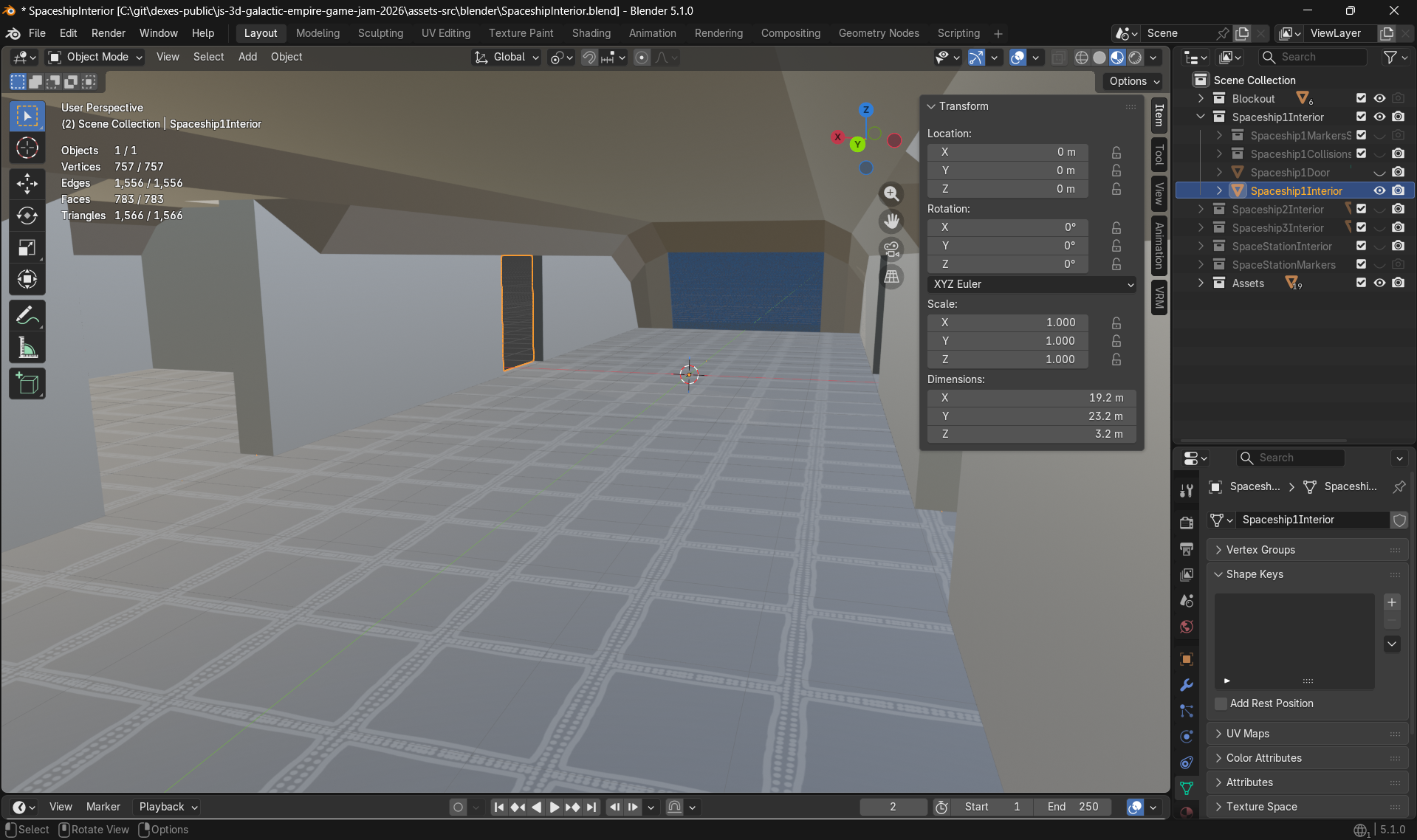 Screenshot of the Blender UI showing the inside of the enemy ship