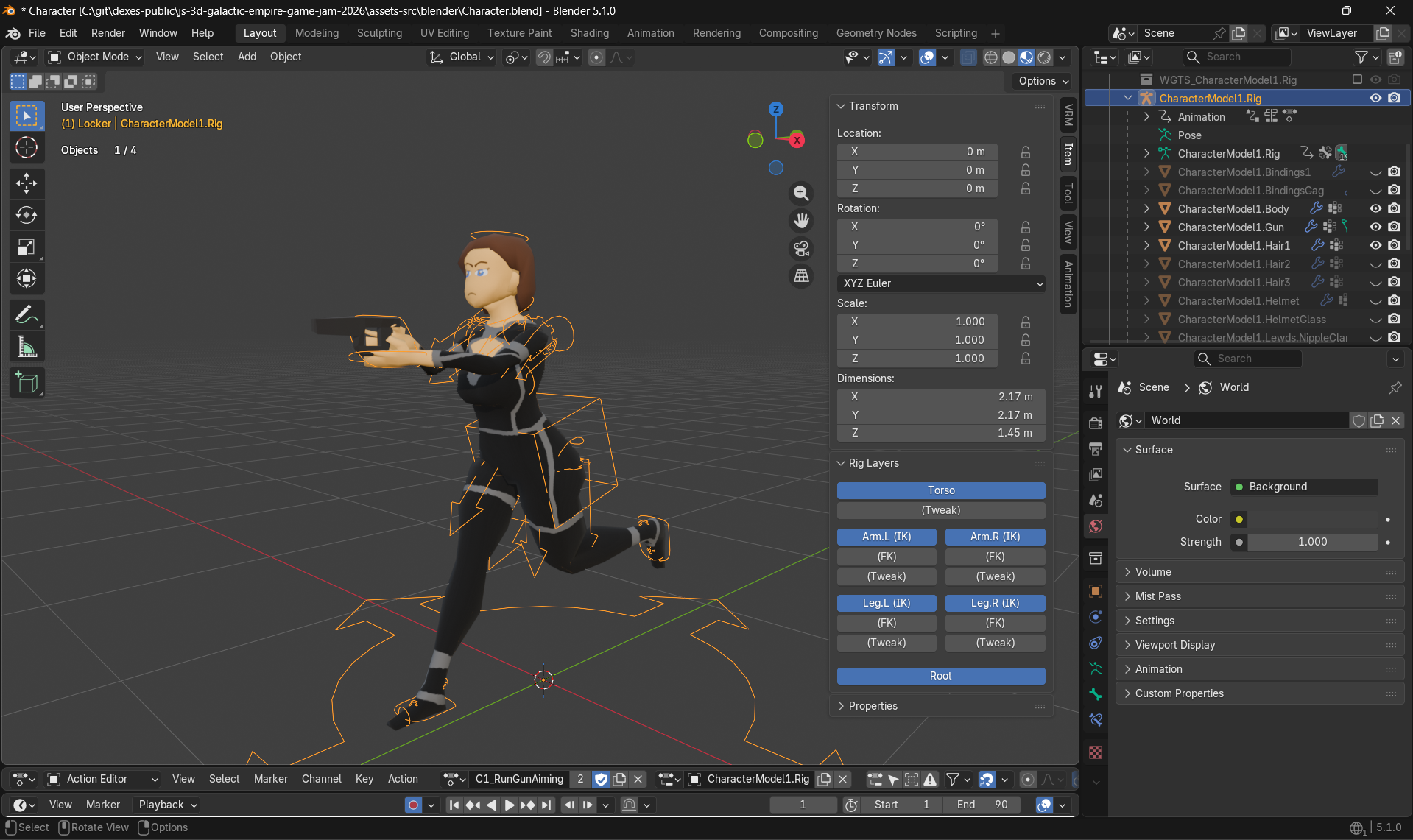 Screenshot of the Blender UI showing the run with a gun animation