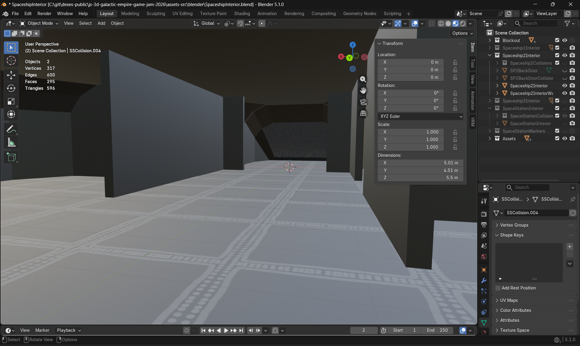 Screenshot of the Blender UI showing the inside of the player ship