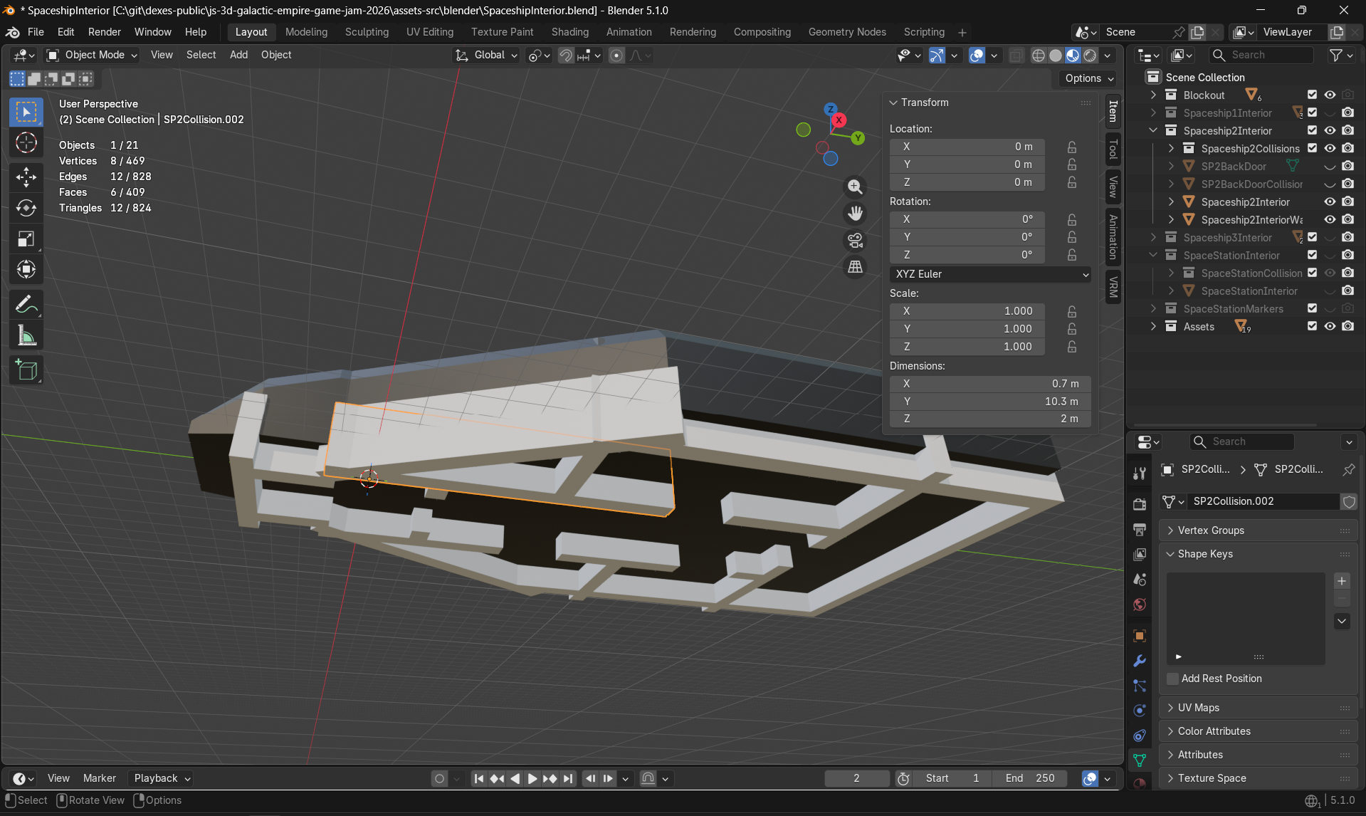 Screenshot of the Blender UI showing the collisions inside of the player ship