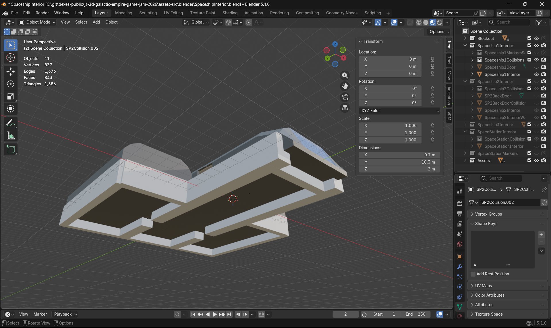Screenshot of the Blender UI showing the collisions inside of the enemy ship