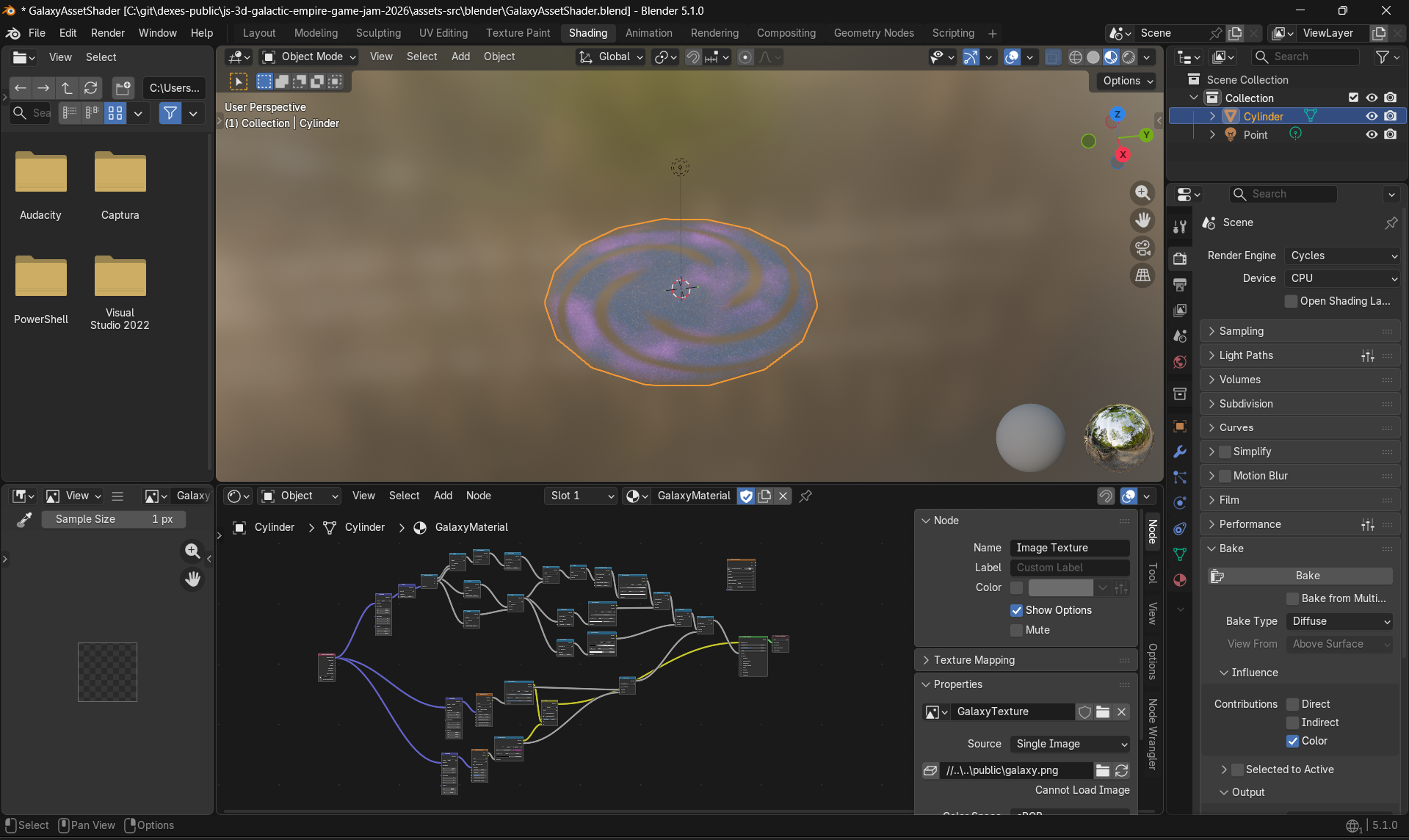 Screenshot of the Blender UI showing the galaxy with a generated texture