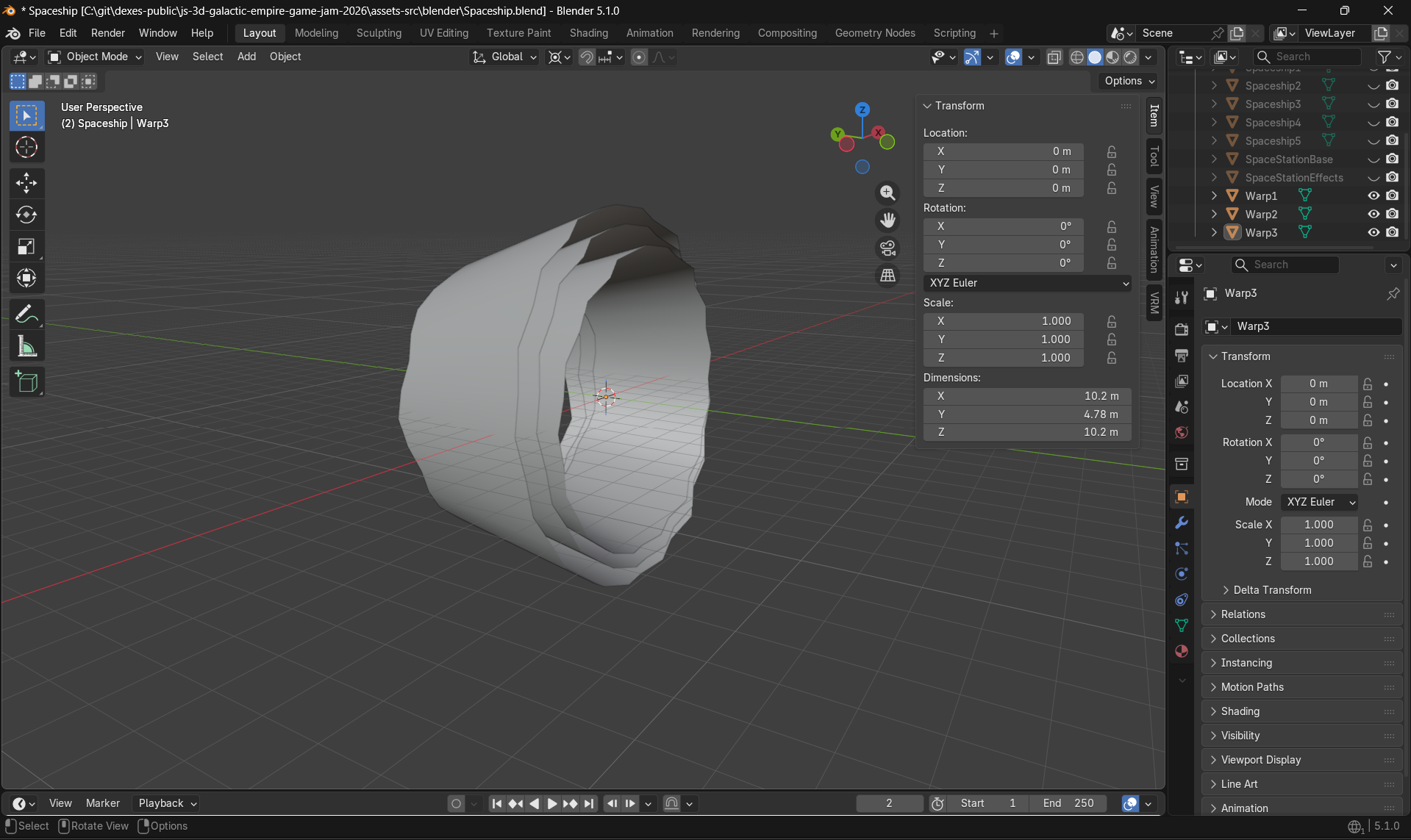 Screenshot of the Blender UI showing the warp points