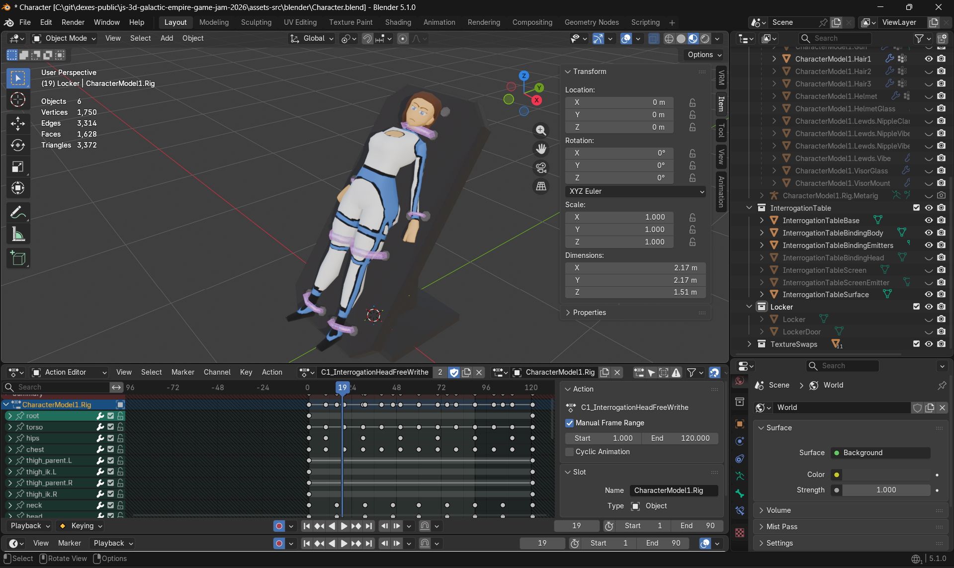 Screenshot of the Blender UI showing the table animations