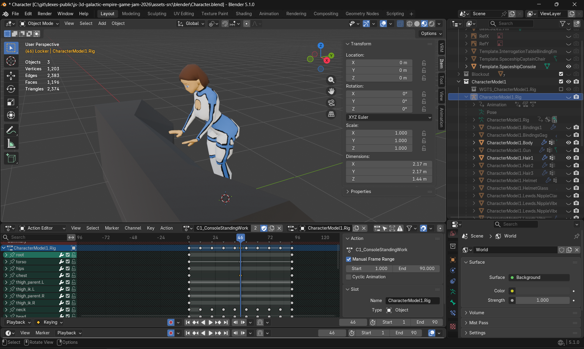 Screenshot of the Blender UI showing the console standing up animation