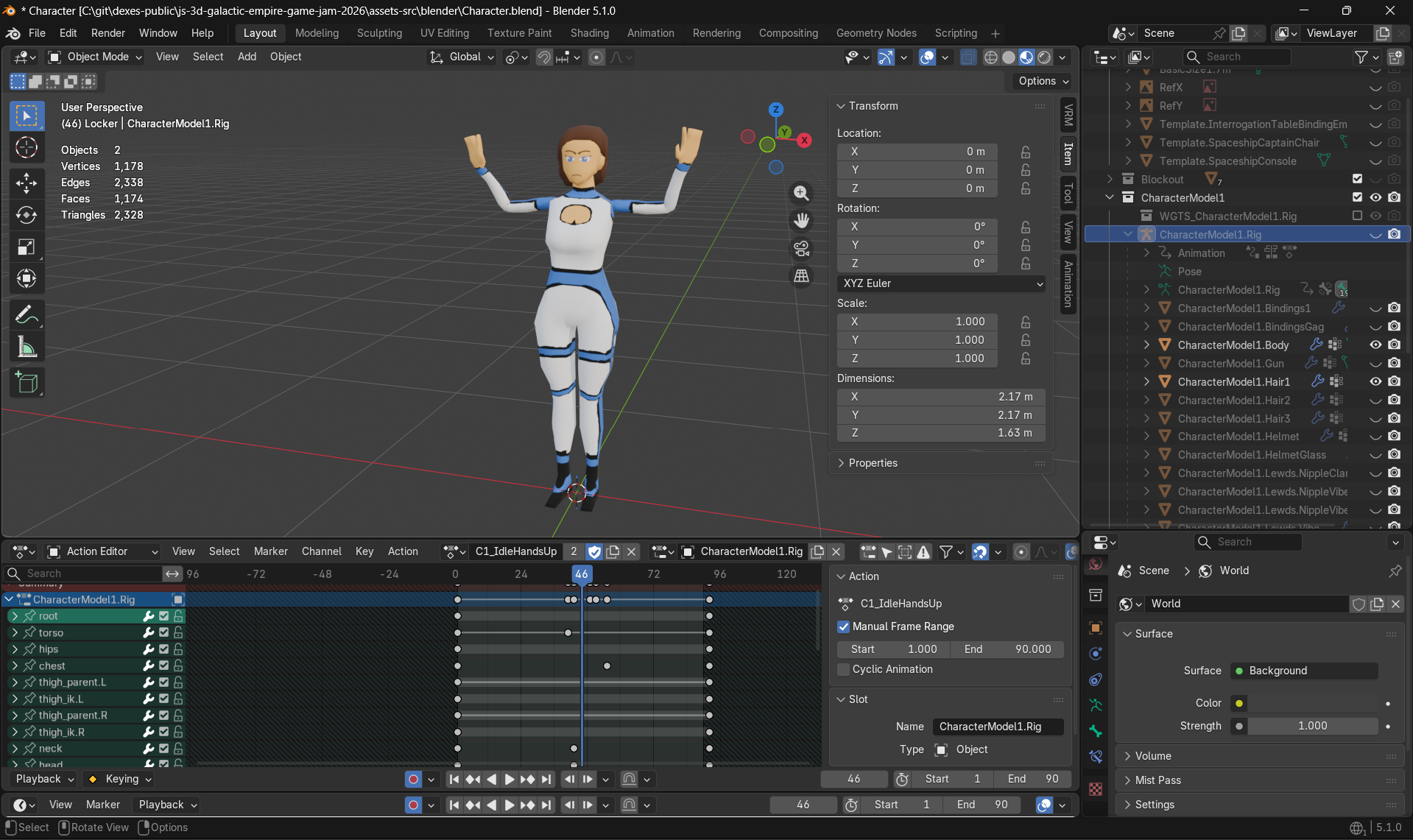 Screenshot of the Blender UI showing the hands up animation