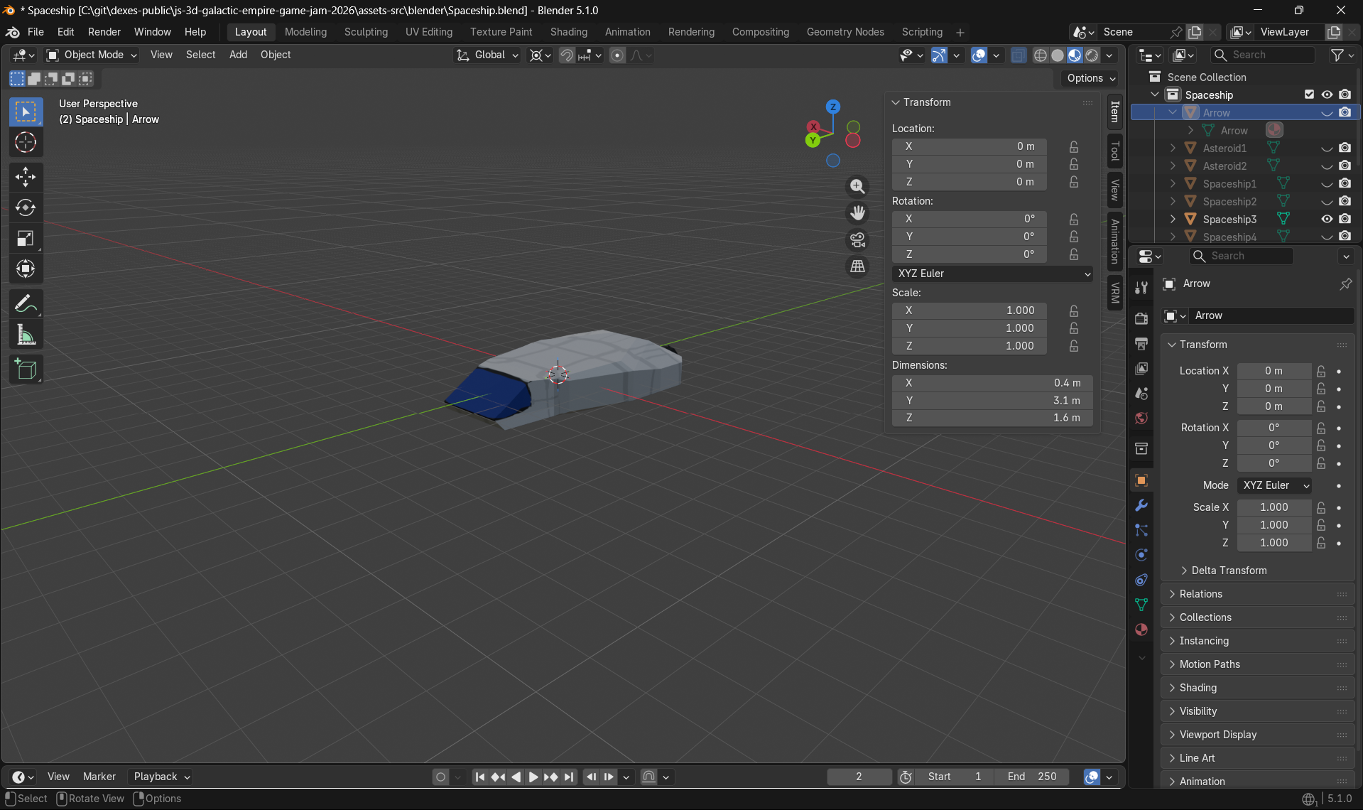 Screenshot of the Blender UI showing the small ship model