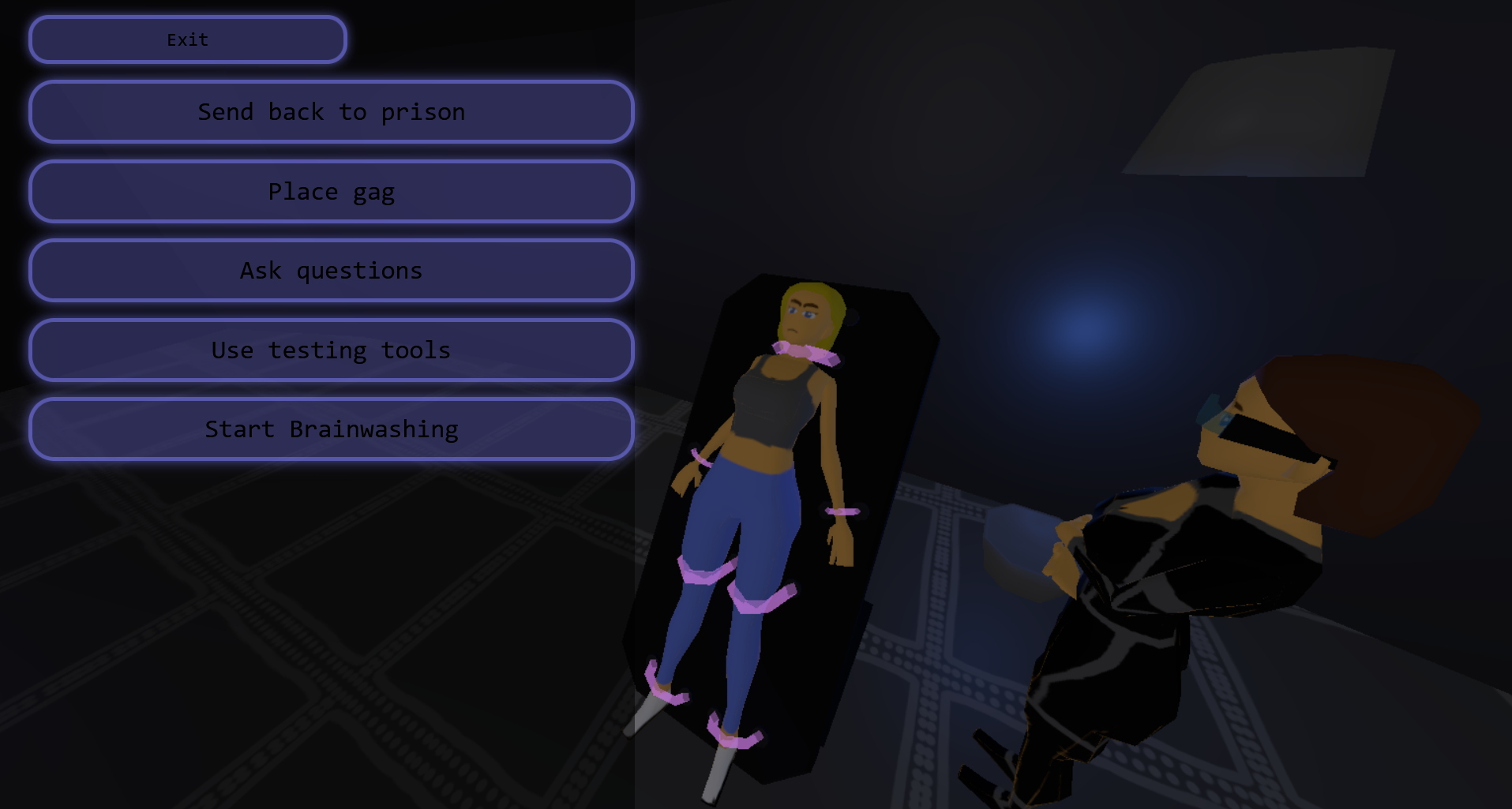 Screenshot of the game with the interrogation / brainwashing UI opened