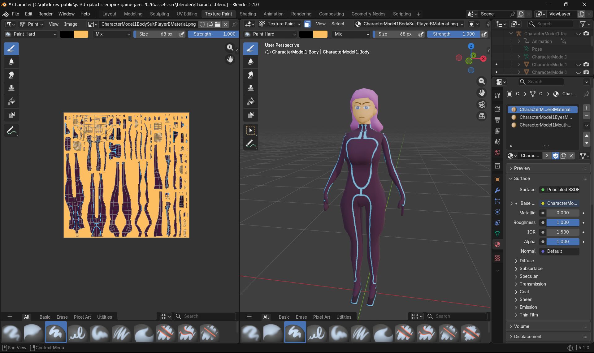 Screenshot of the Blender UI showing the skin variant for the player
