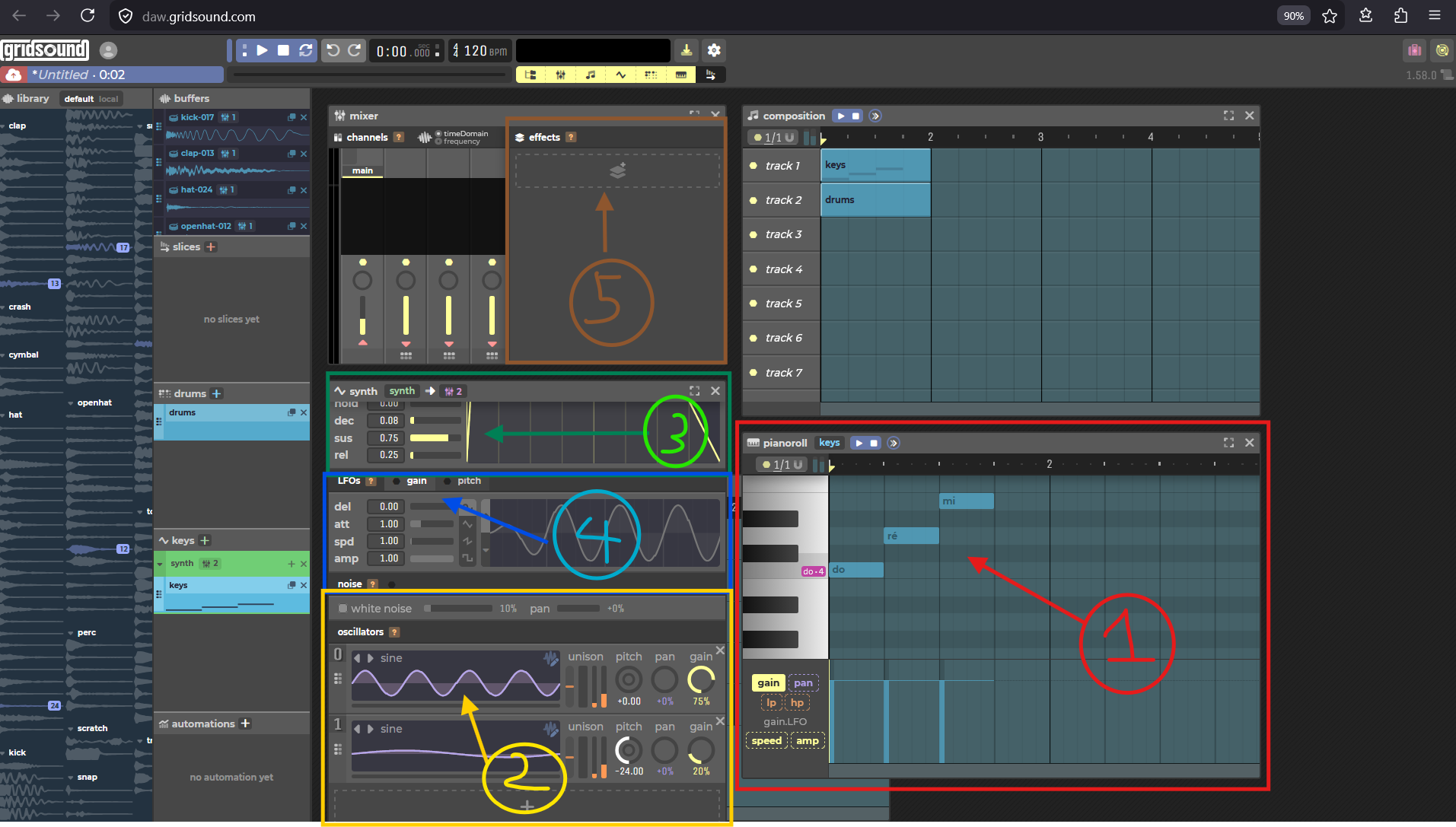 Screenshot of the Gridsound UI with highlighted sections