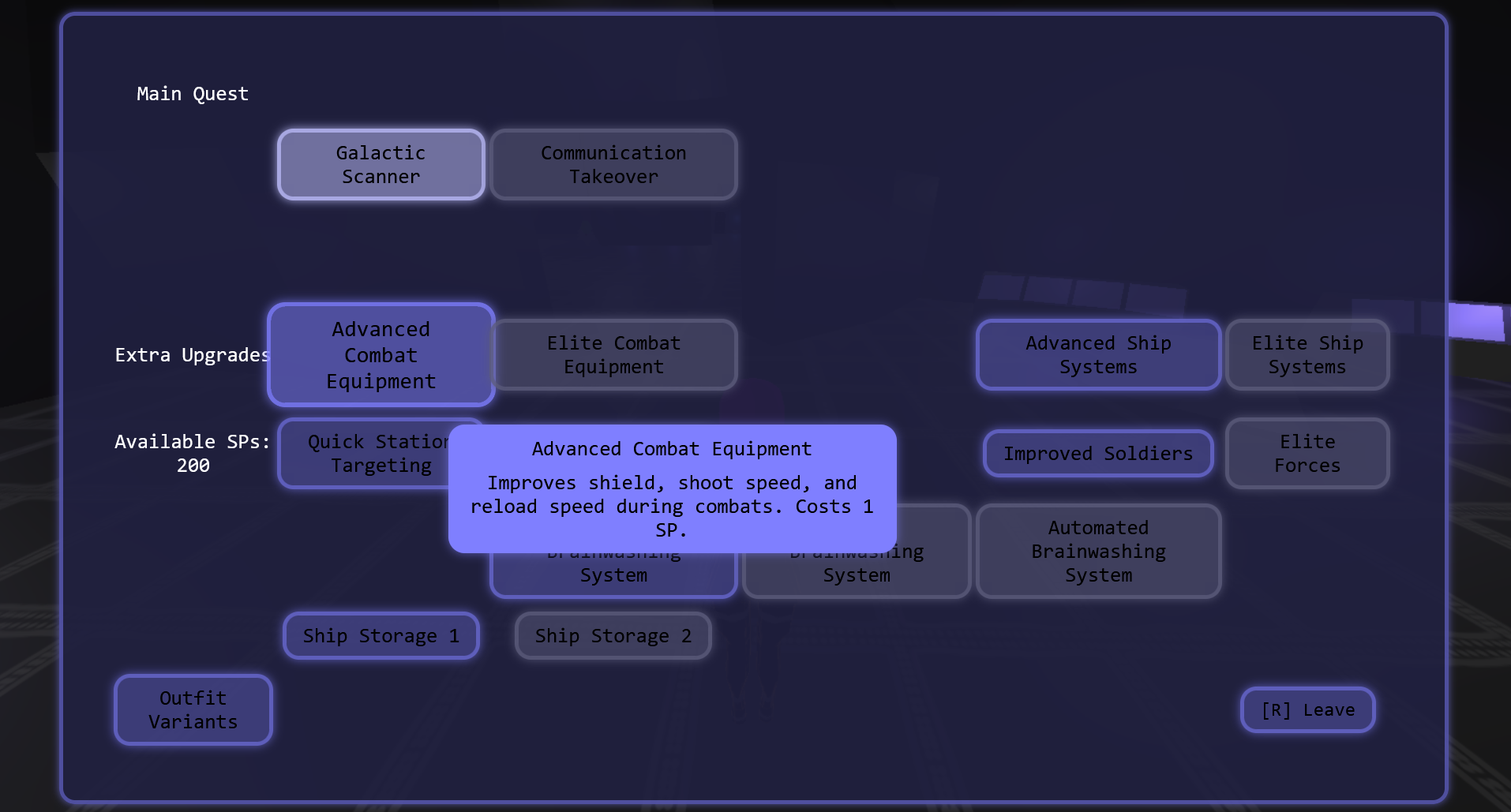 Screenshot of the upgrade UI when hovering over a choice