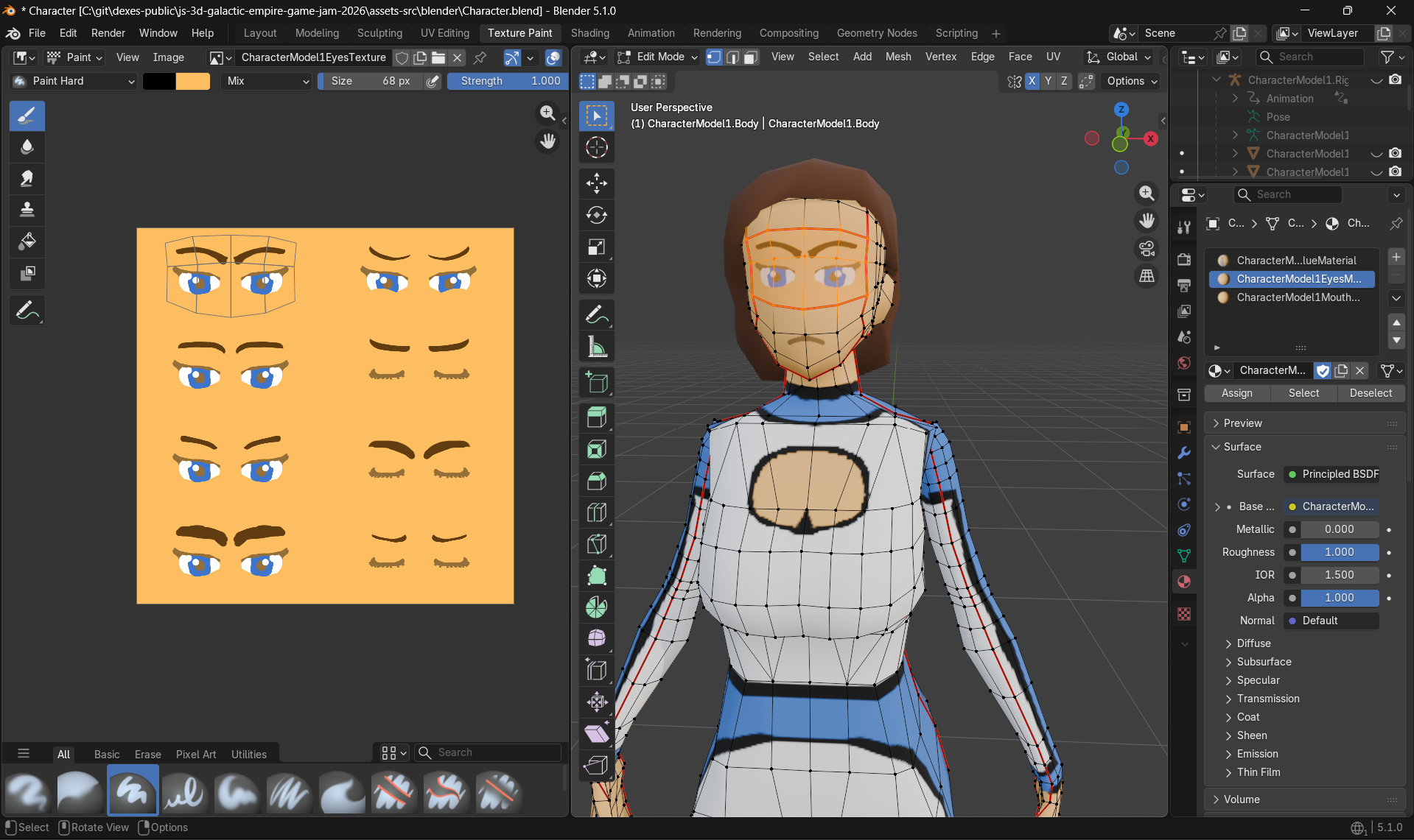 Screenshot of the character eye texture in Blender showing the eye variants