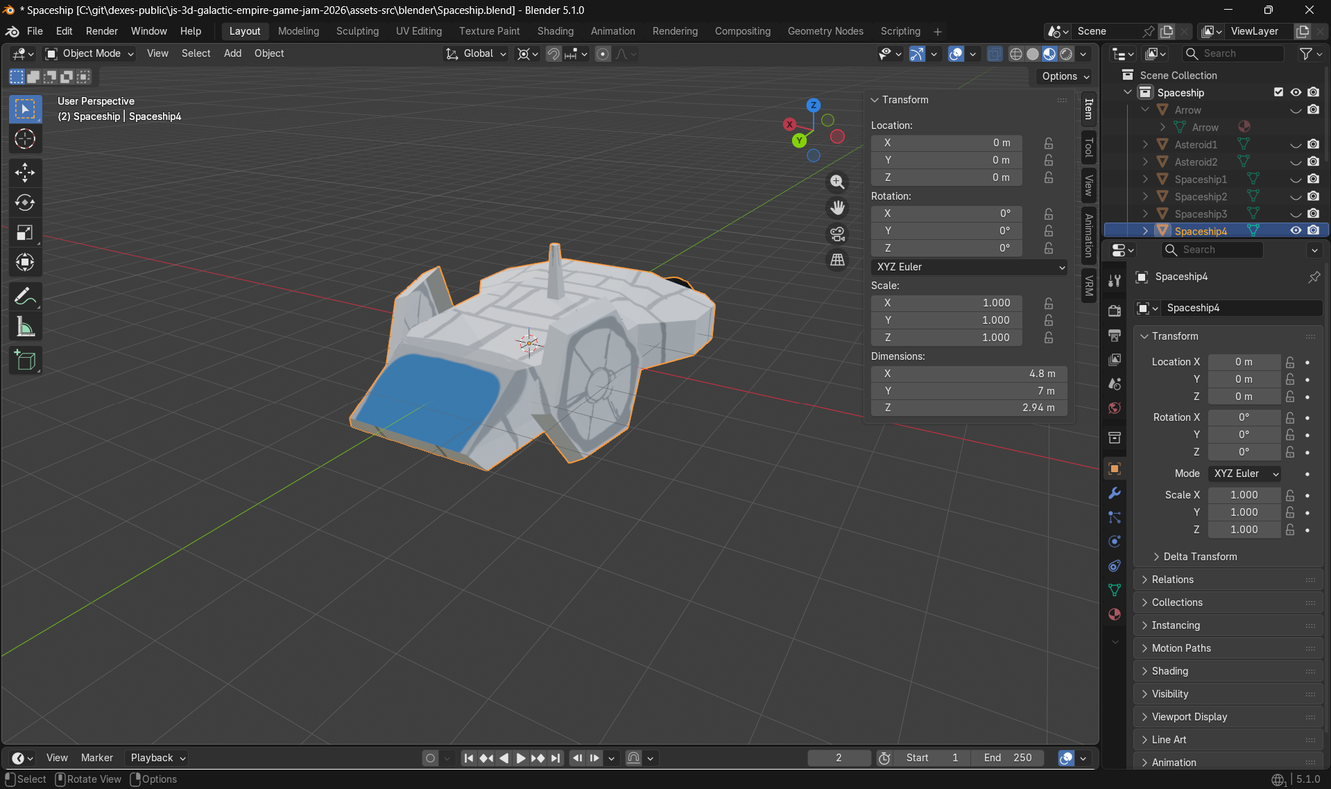Screenshot of the Blender UI showing the science ship model variant