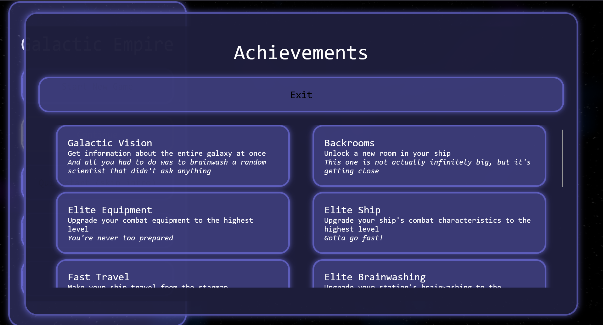 Screenshot of the achievments UI