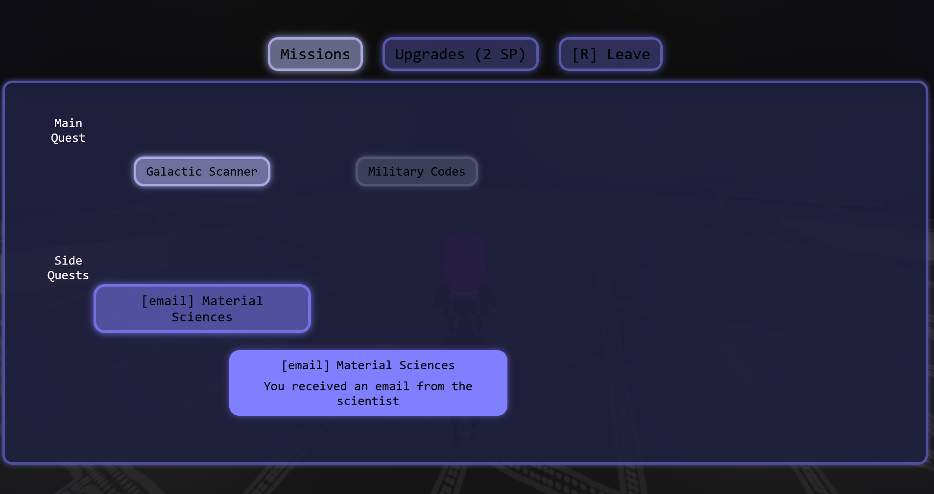 Screenshot of the new upgrades and missions UI