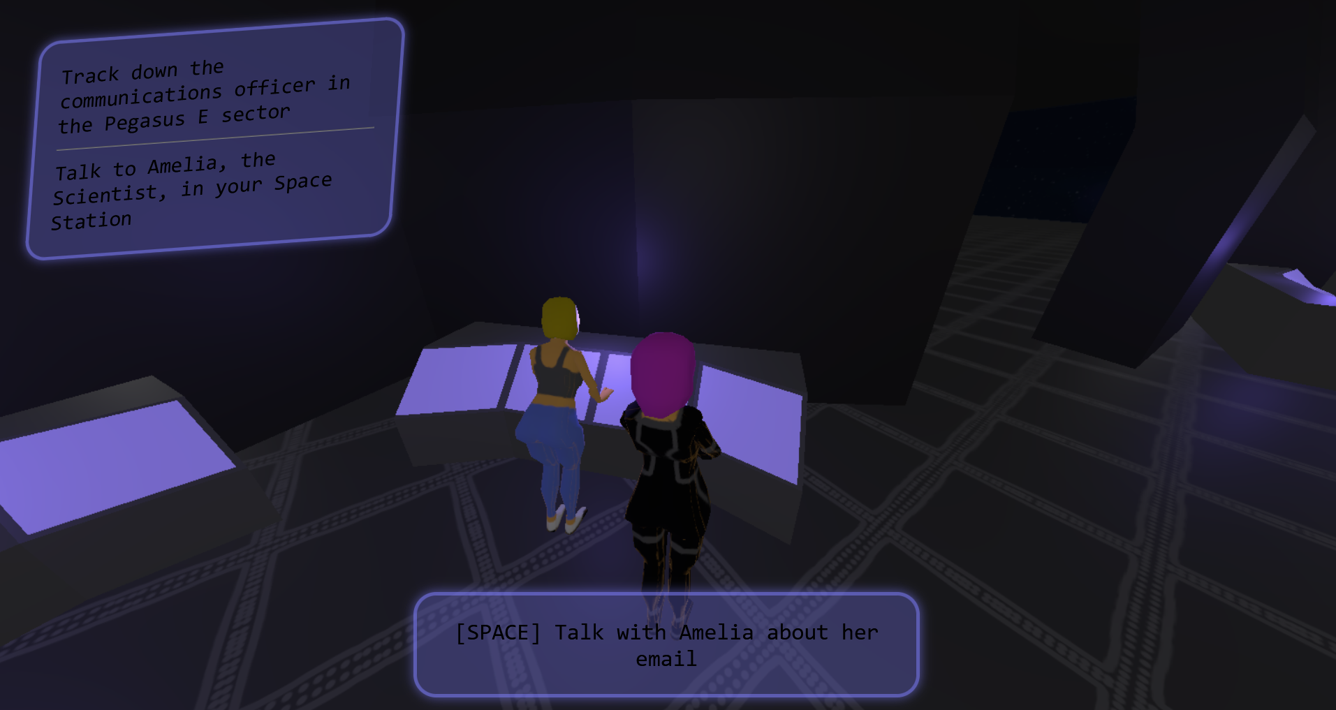 Screenshot of the prompt to talk with a NPC inside of the station