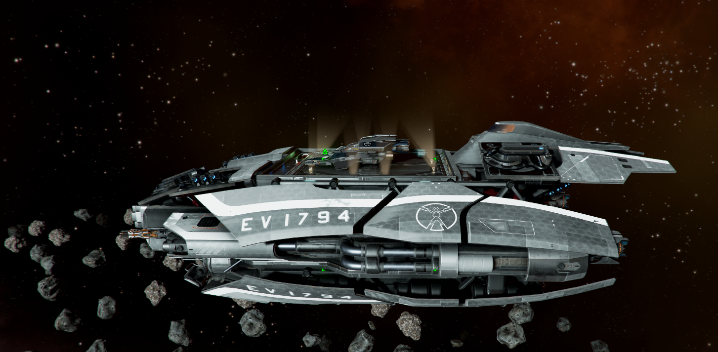 Screenshot of a Cerberus Vanguard ship in X4: Foundations with a custom logo painted on its side