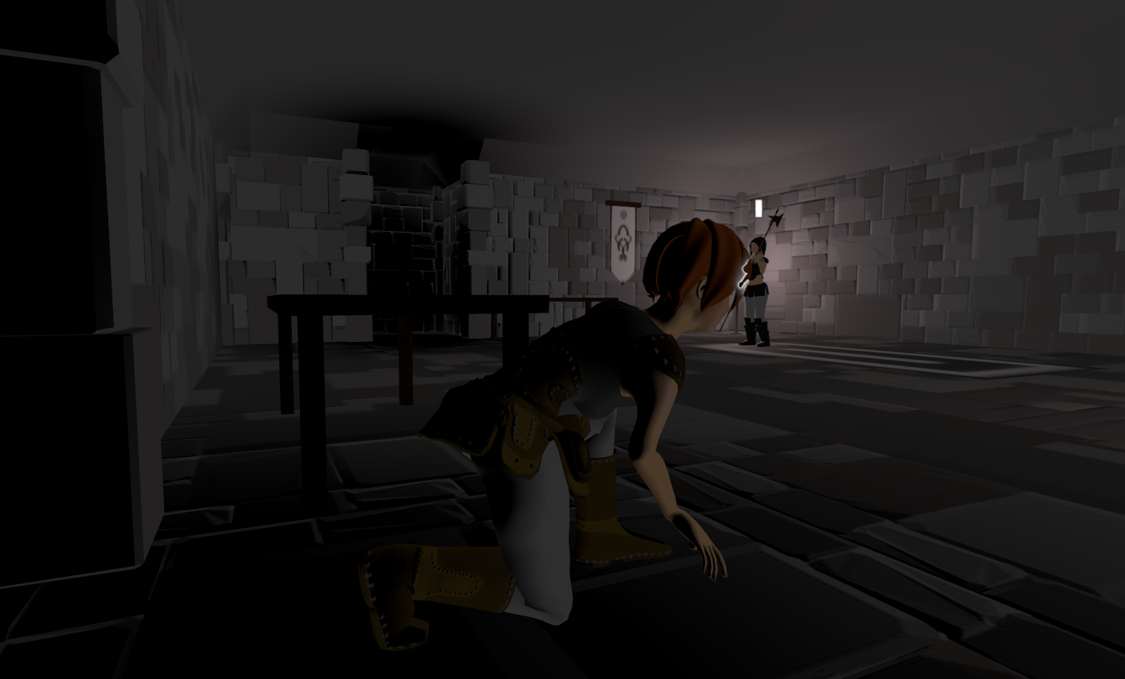 Image of a NPC standing in light, with an obviously shaded corner to go into in Project Mirabelle